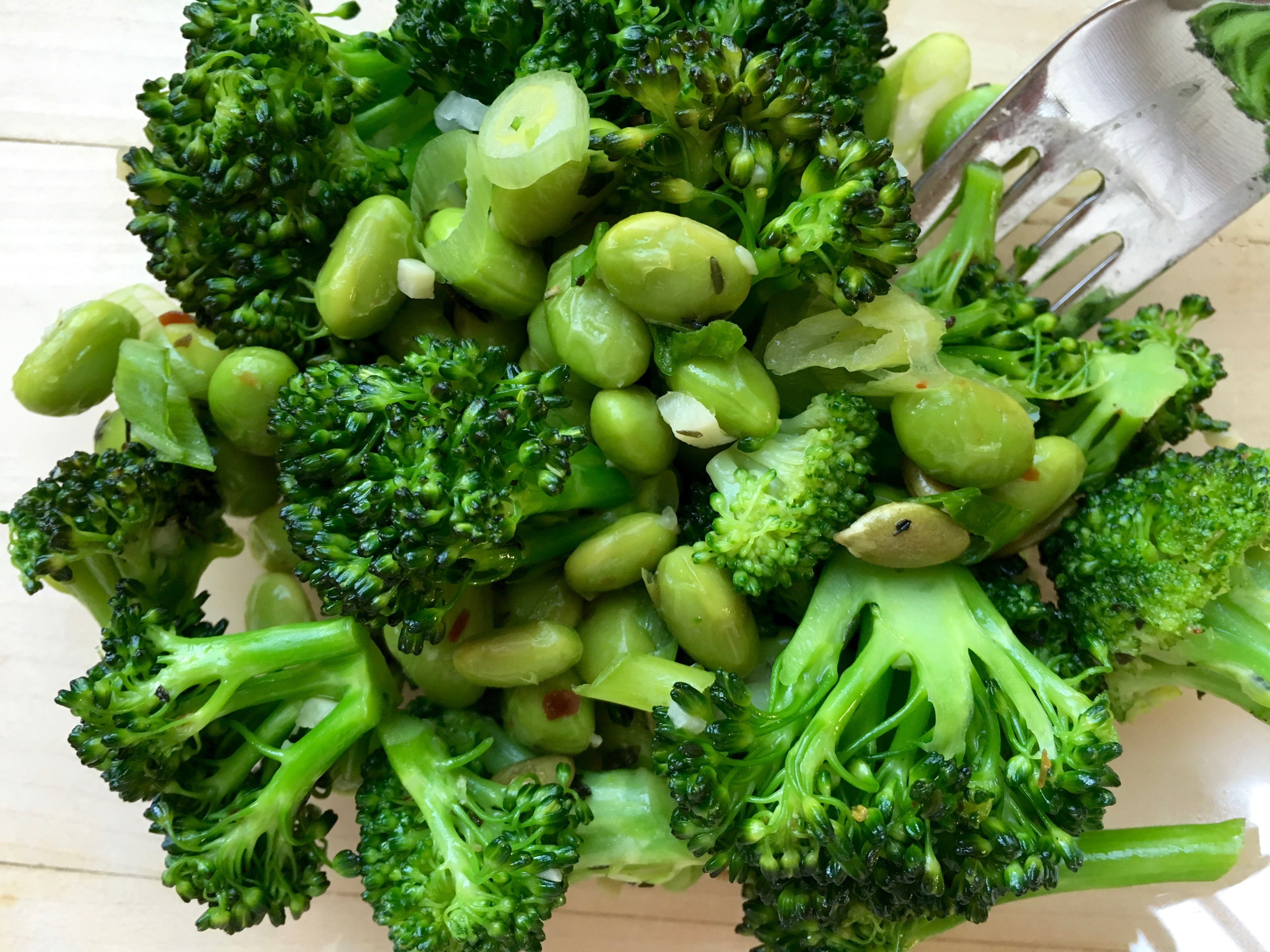 Broccoli with Edamame and Toasted Pumpkin Seeds